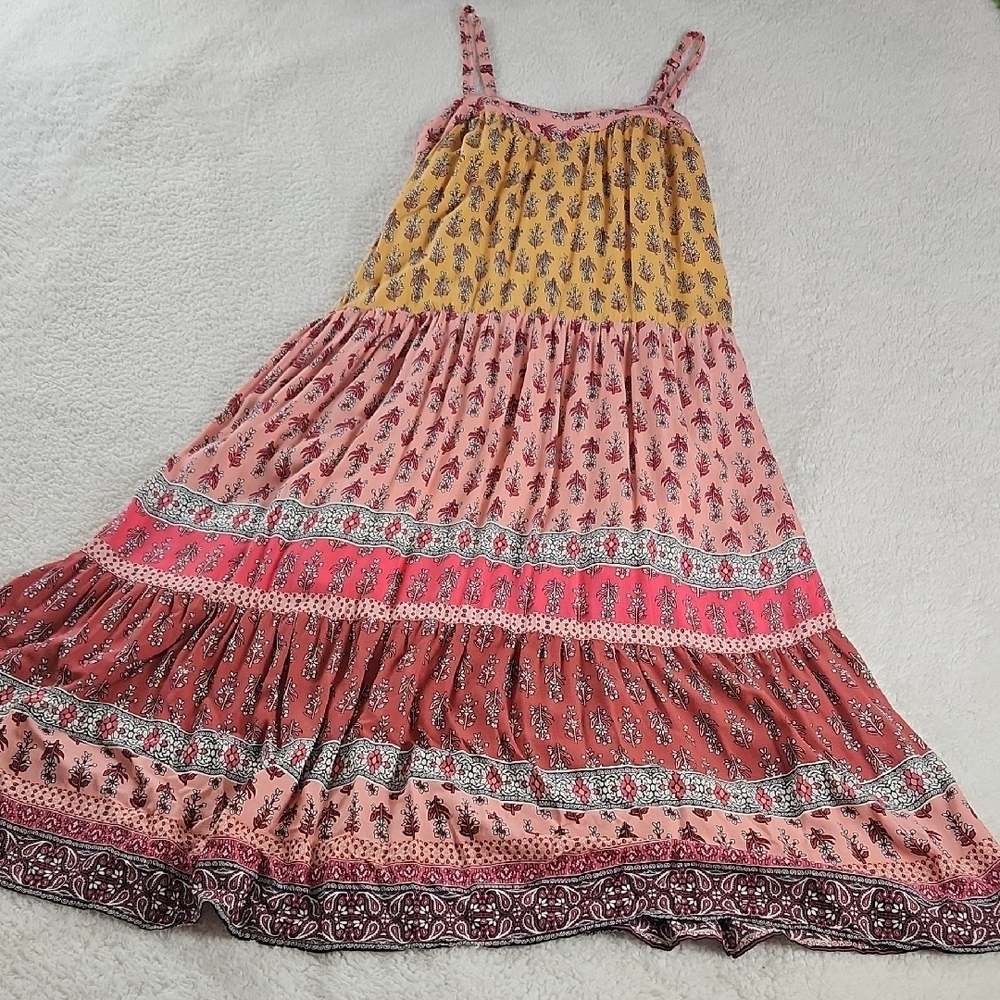 Knox Rose Pink Rust And  Mustard Yellow Floral Trim Sun Dress XS